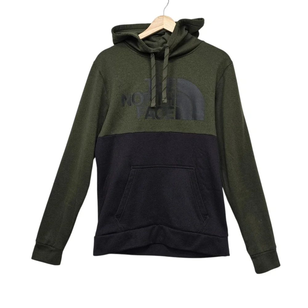 The North Face Mens Hoodie sz Medium Olive Green Black Colorblock Logo Pullover